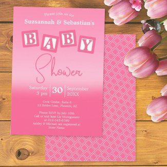 Fun Pink Ombre BABY Girl Blocks Shower Invitation
