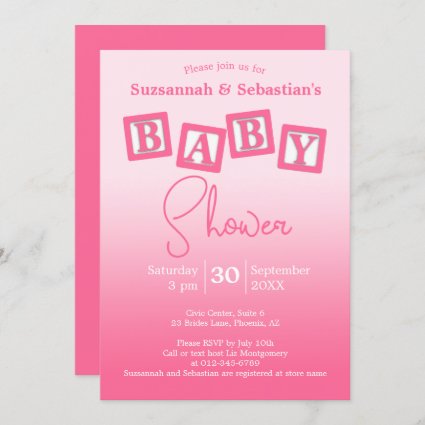 Fun Pink Ombre BABY Girl Blocks Shower Invitation