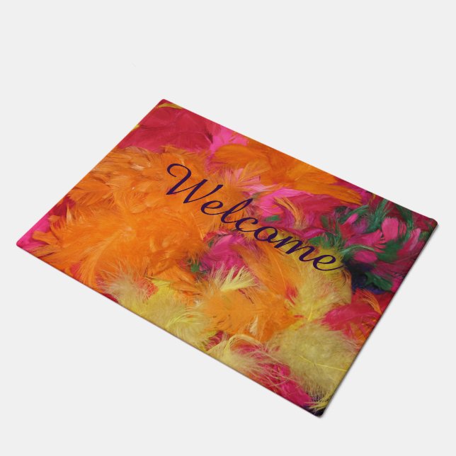 Fun Pink, Orange Feathers Welcome Door Mat Doormat (Angled)