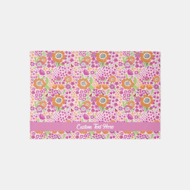 Fun Pink Orange Floral Pattern Personalized Text  Rug (Front)