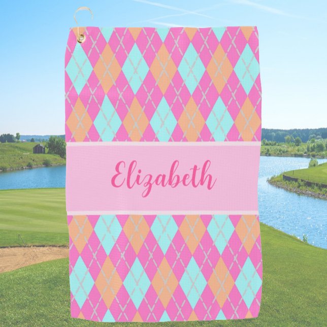 Fun Pink orange preppy argyle custom name ladies Golf Towel (Creator Uploaded)