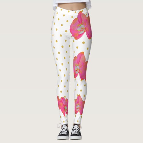 Fun Pink Orchid watercolor gold polkaDots Leggings