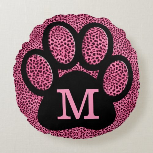 Fun Pink Paw Print with Monogram in Cheetah Round Pillow