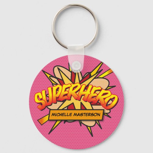 Fun Pink Personalized Comic Book SUPERHERO Keychain