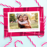 Fun pink plaid holiday photo card<br><div class="desc">An unconventional hot pink plaid gets an extra modern twist on this one-photo horizontal holiday card. Customize with your own greeting and name. The bold pink plaid frames your family photo and coordinates with the Lea Delaveris Design modern plaid collection of home decor and holiday paper items.</div>