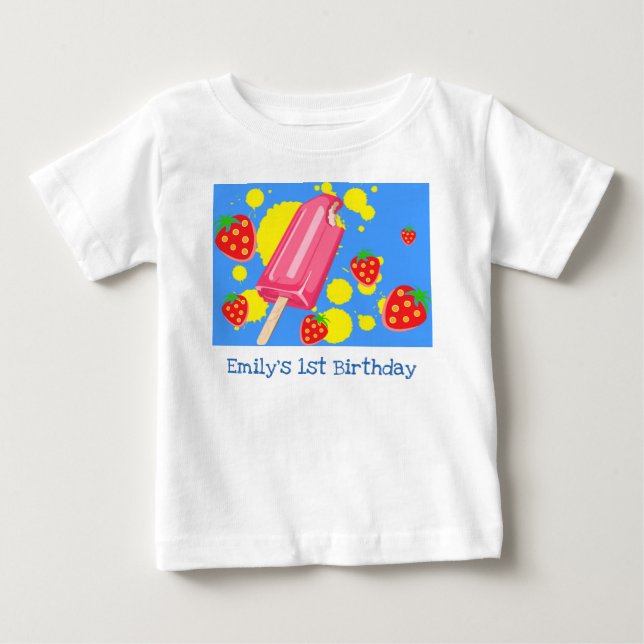 Fun Pink Popsicle and Strawberries 1st Birthday Baby T-Shirt (Front)