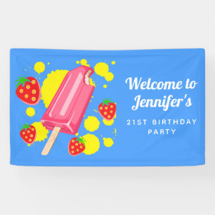 Fun Pink Popsicle and Strawberries Birthday Banner