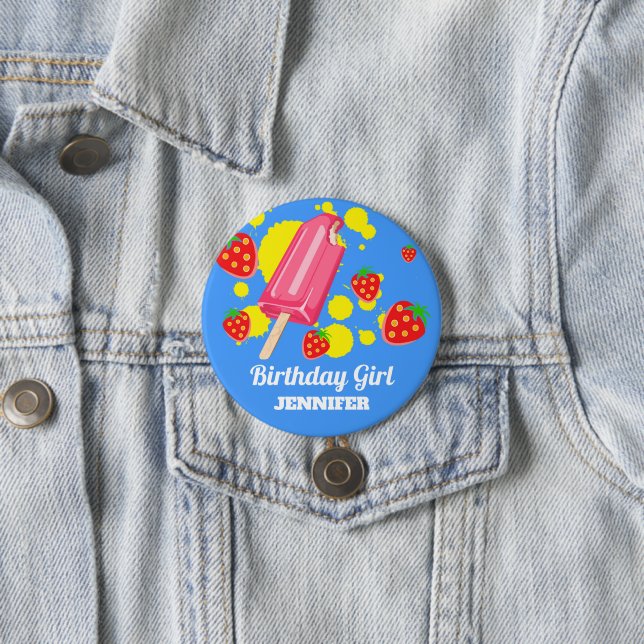 Fun Pink Popsicle and Strawberries Birthday Girl Button (In Situ)