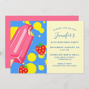 Fun Pink Popsicle and Strawberries Birthday Invitation