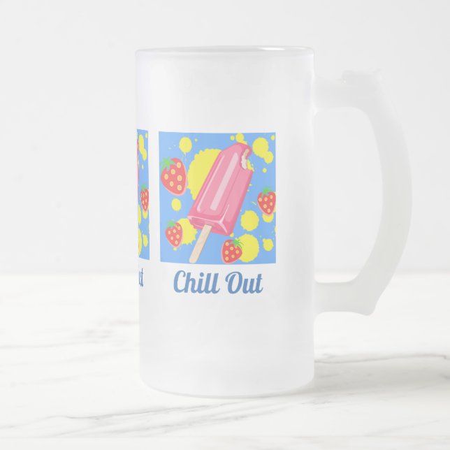 Fun Pink Popsicle and Strawberries Chill Out Frosted Glass Beer Mug (Right)