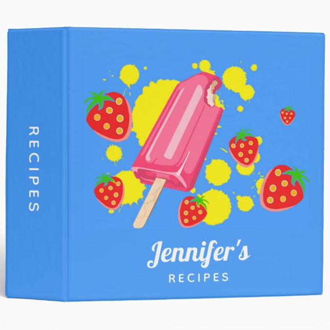 Fun Pink Popsicle and Strawberries Illustration 3 Ring Binder (Front/Spine)