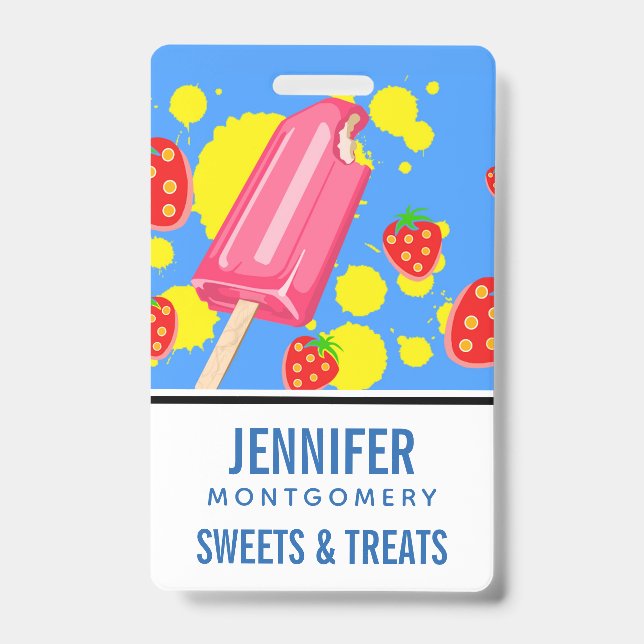 Fun Pink Popsicle and Strawberries Illustration Badge (Front)