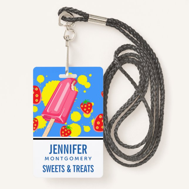 Fun Pink Popsicle and Strawberries Illustration Badge (Front with Lanyard)