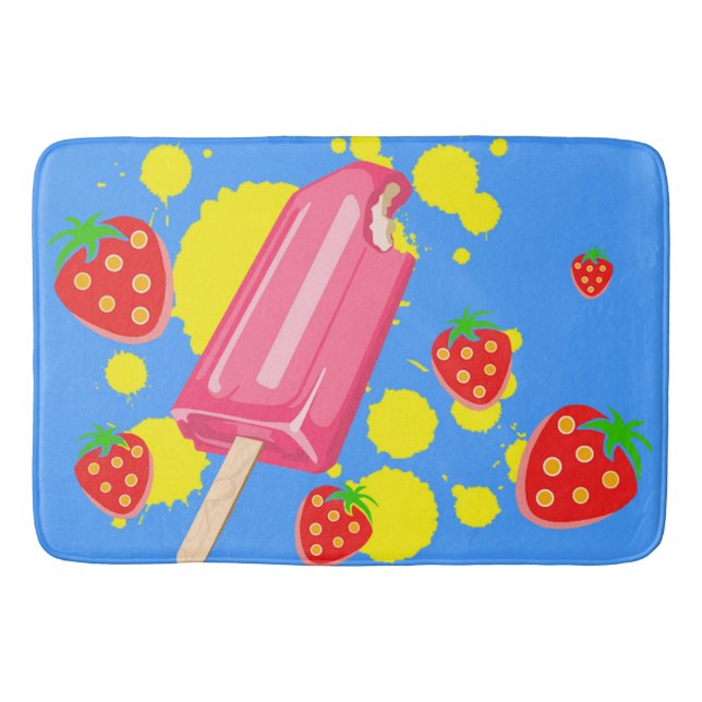 Fun Pink Popsicle and Strawberries Illustration Bath Mat (Front)