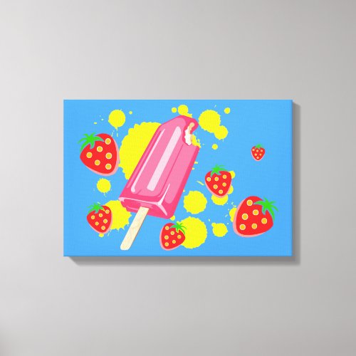 Fun Pink Popsicle and Strawberries Illustration Canvas Print