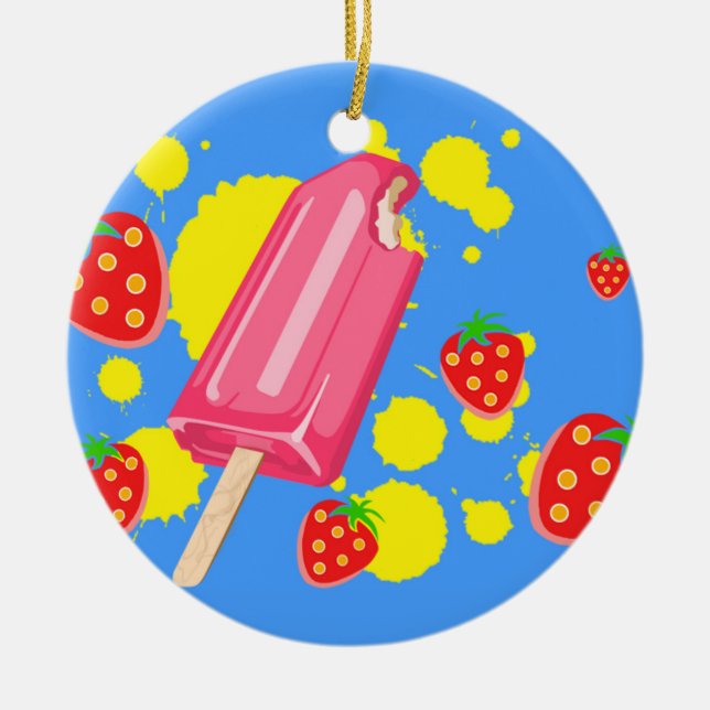 Fun Pink Popsicle and Strawberries Illustration Ceramic Ornament (Front)