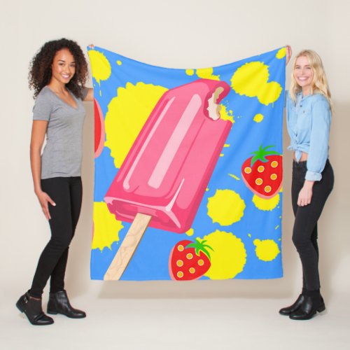 Fun Pink Popsicle and Strawberries Illustration Fleece Blanket