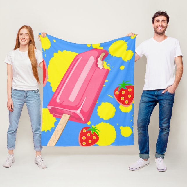 Fun Pink Popsicle and Strawberries Illustration Fleece Blanket (In Situ)