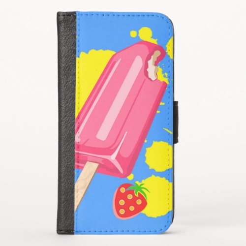 Fun Pink Popsicle and Strawberries Illustration iPhone X Wallet Case