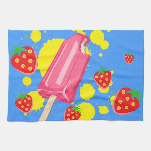 Fun Pink Popsicle and Strawberries Illustration Kitchen Towel
