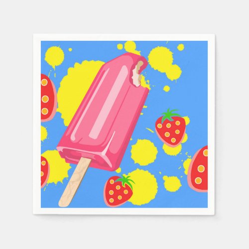 Fun Pink Popsicle and Strawberries Illustration Napkins