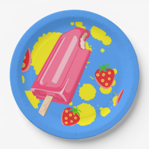 Fun Pink Popsicle and Strawberries Illustration Paper Plates