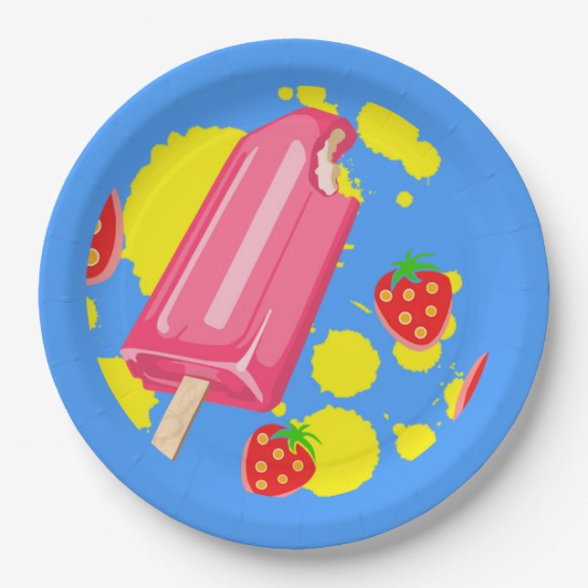 Fun Pink Popsicle and Strawberries Illustration Paper Plates (Front)