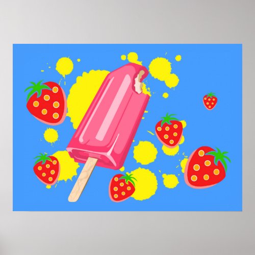 Fun Pink Popsicle and Strawberries Illustration Poster