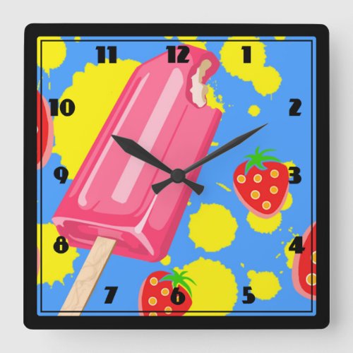 Fun Pink Popsicle and Strawberries Illustration Square Wall Clock