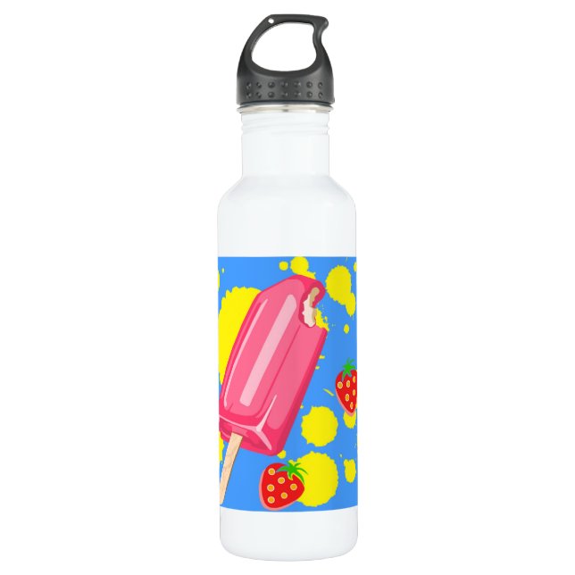 Fun Pink Popsicle and Strawberries Illustration Stainless Steel Water Bottle (Front)