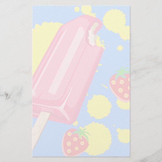 Fun Pink Popsicle and Strawberries Illustration Stationery (Front)