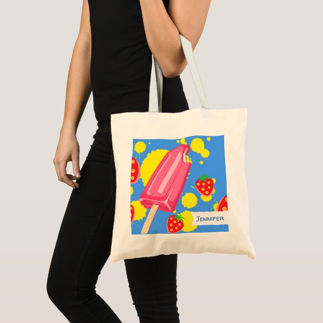 Fun Pink Popsicle and Strawberries Illustration Tote Bag (Front (Product))
