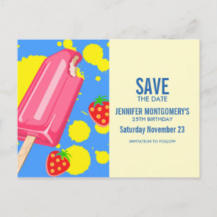 Fun Pink Popsicle and Strawberries Save The Date Postcard