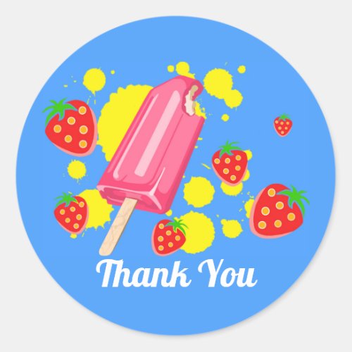 Fun Pink Popsicle and Strawberries Thank You Classic Round Sticker