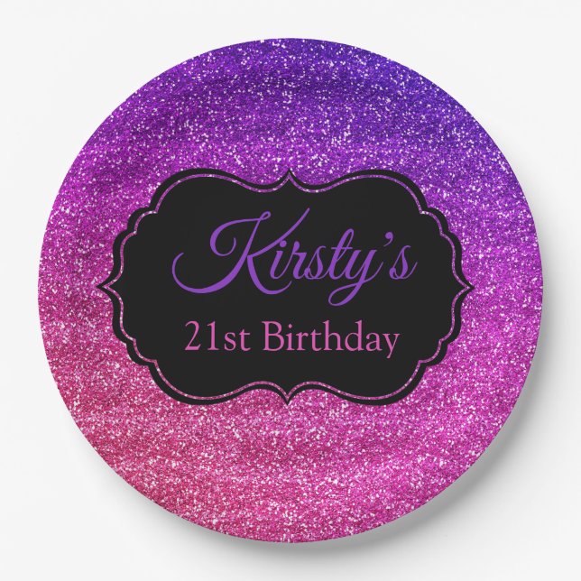 Fun Pink Purple Glitter Sparkle Birthday Paper Plates (Front)