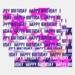 Fun Pink/Purple Stars Custom Name Happy Birthday Wrapping Paper Sheets