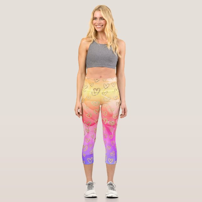 Fun Pink Purple Yellow Gold Hearts Pattern Capri Leggings (Front)