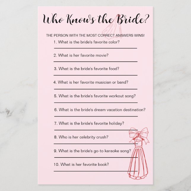 Fun Pink & Red Who Knows the Bridal Game (Front)