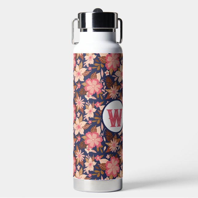 Fun Pink Retro Floral Pattern Monogram  Water Bottle (Front)