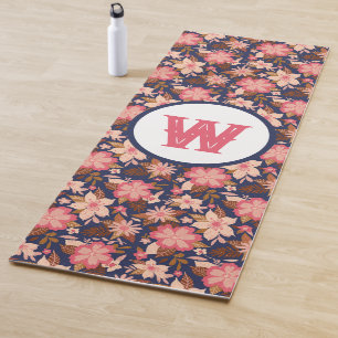 Fun Pink Retro Floral Pattern Monogram Yoga Mat