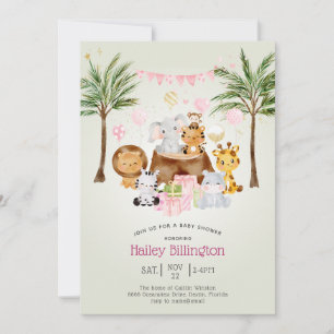 Fun Pink Safari Jungle Watercolor Girl Baby Shower Invitation