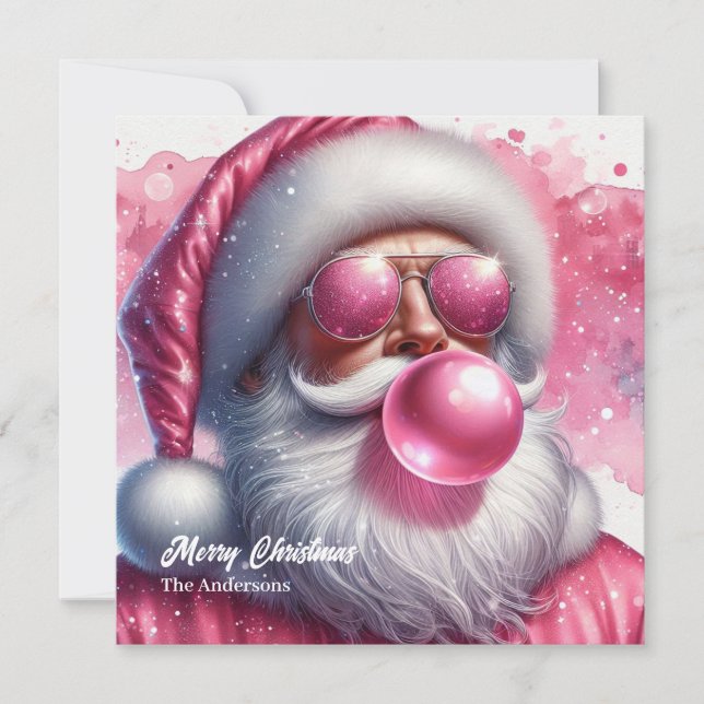 Fun pink Santa Claus blowing pink bubble gum Holiday Card (Front)