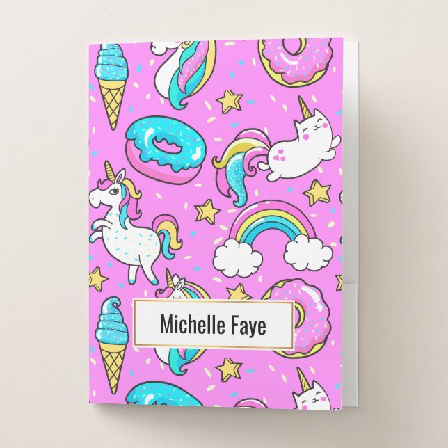 Fun Pink sparkling magical rainbow unicorn kitty Pocket Folder (Front)