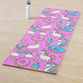 Fun Pink Sparkling Magical Rainbow Unicorn Kitty Yoga Mat by AllAboutPattern at Zazzle