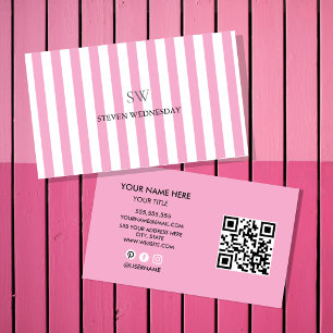 Fun Pink Stripe Simple Monogram Minimalist Business Card