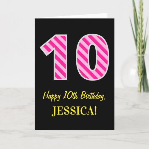 Fun Pink Striped 10 Happy 10th Birthday Name Card