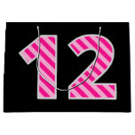 [ Thumbnail: Fun Pink Striped "12"; Happy 12th Birthday; Name Gift Bag ]