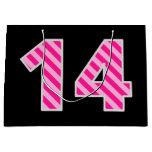 [ Thumbnail: Fun Pink Striped "14"; Happy 14th Birthday; Name Gift Bag ]