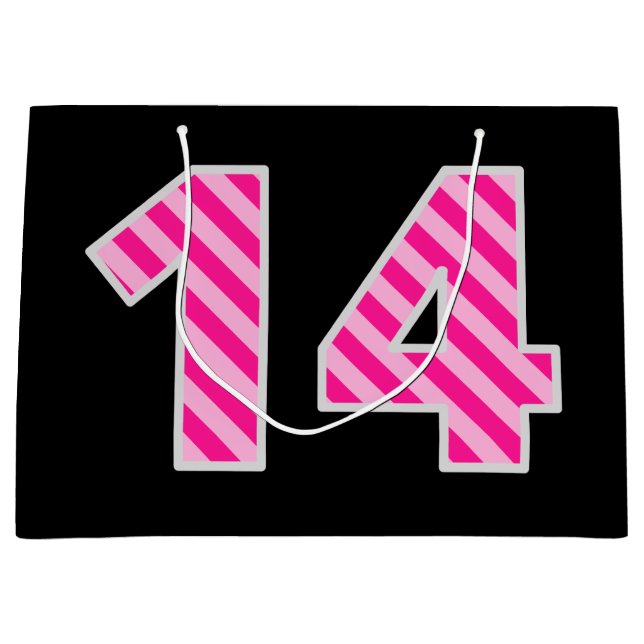 Fun Pink Striped "14"; Happy 14th Birthday; Name Large Gift Bag (Front)