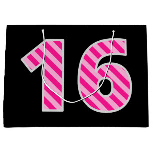 Fun Pink Striped "16"; Happy 16th Birthday; Name Large Gift Bag